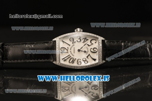 Franck Muller CINTREE CURVEX Diamond Bezel With Black Calfskin Strap Swiss Ronda 762 Quartz White Dial 1752 QZ DP - Click Image to Close